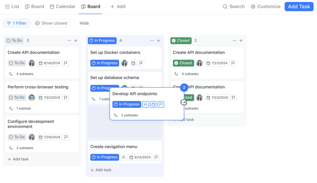 ClickUp Kanban board showing tasks in to-do, in-progress, and closed columns for API development.